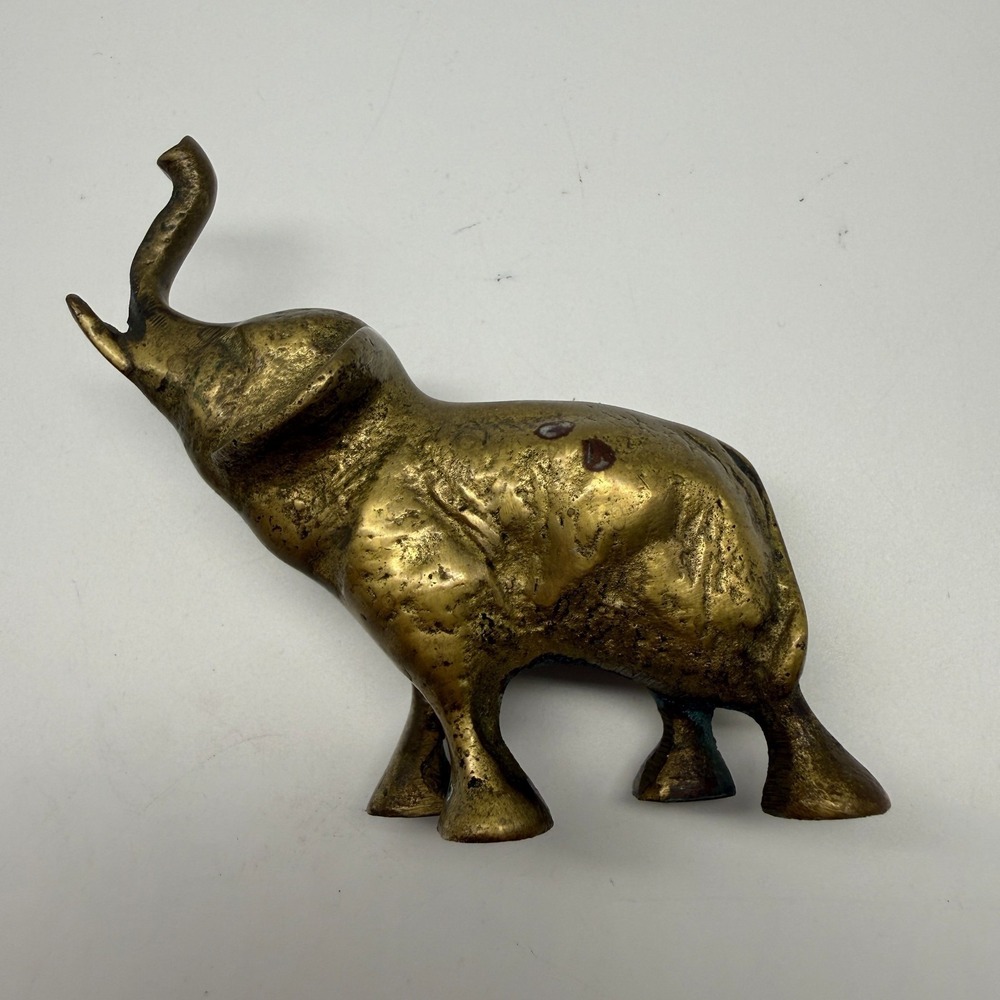 Vintage Solid Brass Trunk Up Lucky Elephant Statue 3"